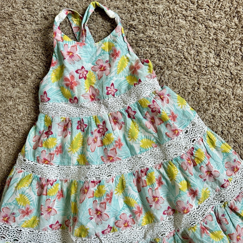 Tommy Bahama‎ Girls 4T Tropical Floral Tiered Crochet Lace Smocked Sundress Blue
